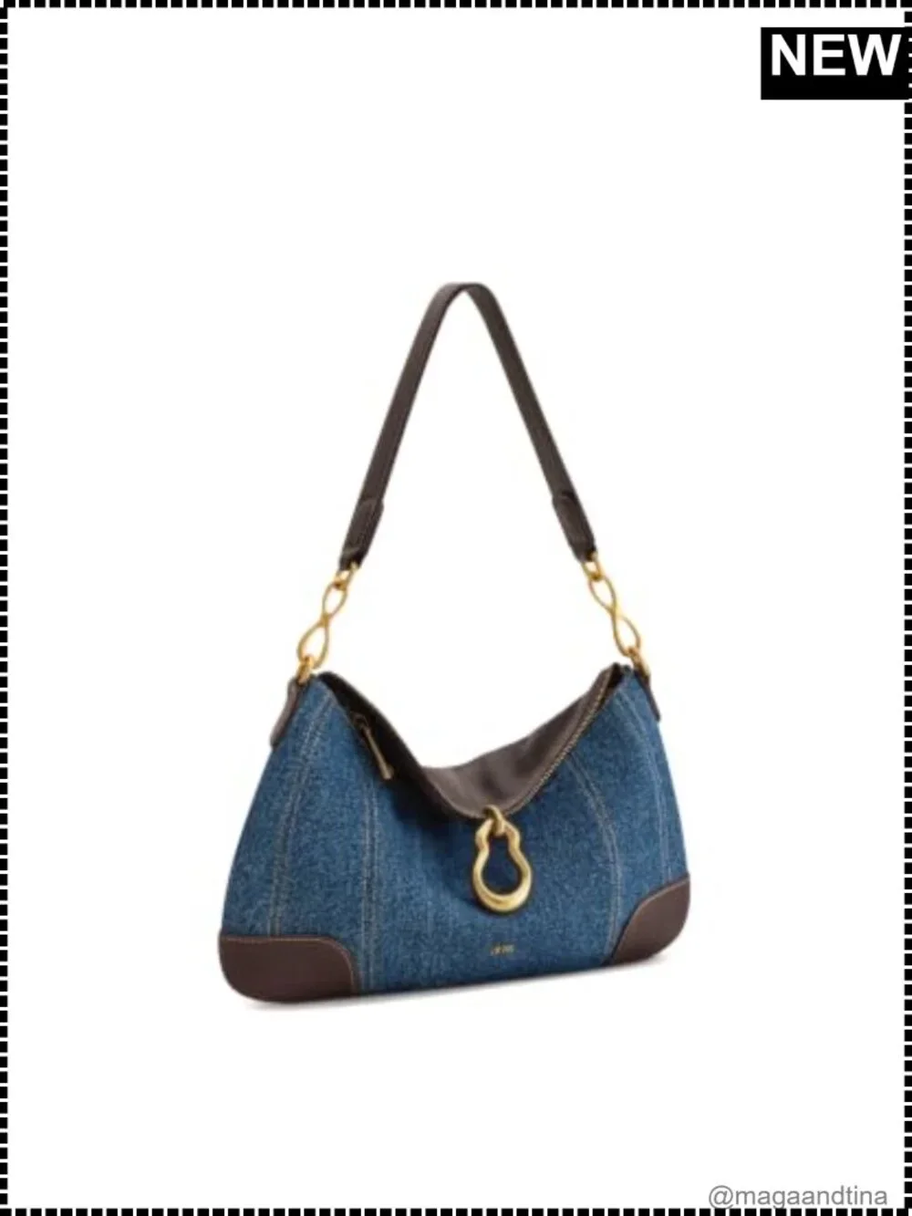Washed Denim Hobo Shoulder Bag Metal Pendant Embellished Small Purse